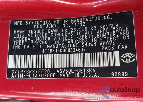 2012 Toyota Camry Se Limited Edition z USA, uszkodzony, nr VIN 4T1BF1FK0CU634617